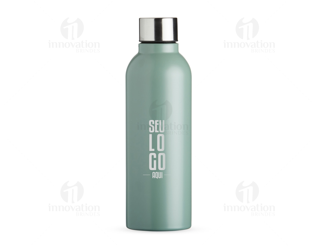 Garrafa inox de 800ml com tampa fosca, contendo líquido transparente. A embalagem é clean e possui um design elegante.