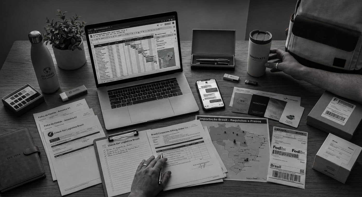 Schreibtisch mit Laptop, Checklisten, Dokumenten zu Einfuhrbestimmungen für Brasilien und Versandetiketten, die den bürokratischen Aufwand beim Import von Werbeartikeln nach Brasilien veranschaulichen