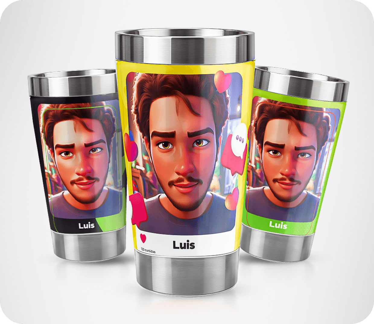 três copos com o rosto de uma pessoa chamada Luis