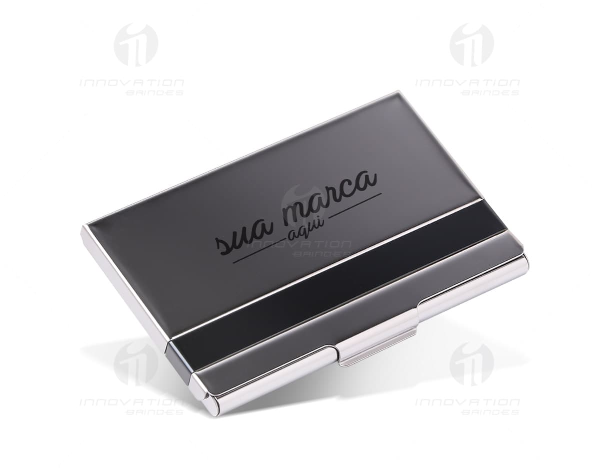 Porta cartões de metal elegante e durável para armazenar seus cartões de visita com segurança. Ideal para quem busca organização e profissionalismo. Compre já o seu! #PortaCartoes #OrganizacaoProfissional #BrindesPersonalizados