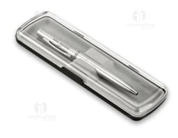 Caneta de metal com LED - 02: Perfeita para escrita e apresentações, essa caneta possui design moderno em metal prateado.