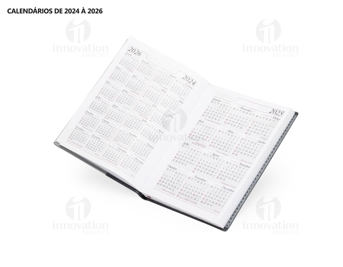Agenda Diária 2025 aberta sobre uma mesa de escritório, ao lado de um notebook, papéis em branco, envelope, livro, mensagens, páginas vazias, pastas de escritório, documentos e um bloco de notas. A imagem representa um ambiente corporativo e de organização.