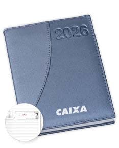 Agenda diária para o ano de 2025, capa vermelha com design minimalista e páginas em branco para anotações.