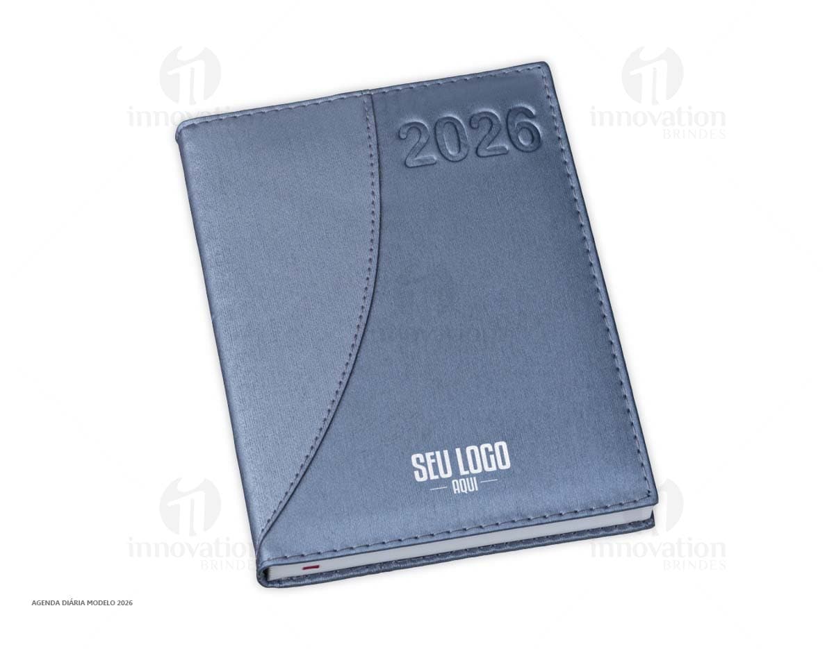 Agenda diária para o ano de 2025, capa vermelha com design minimalista e páginas em branco para anotações.