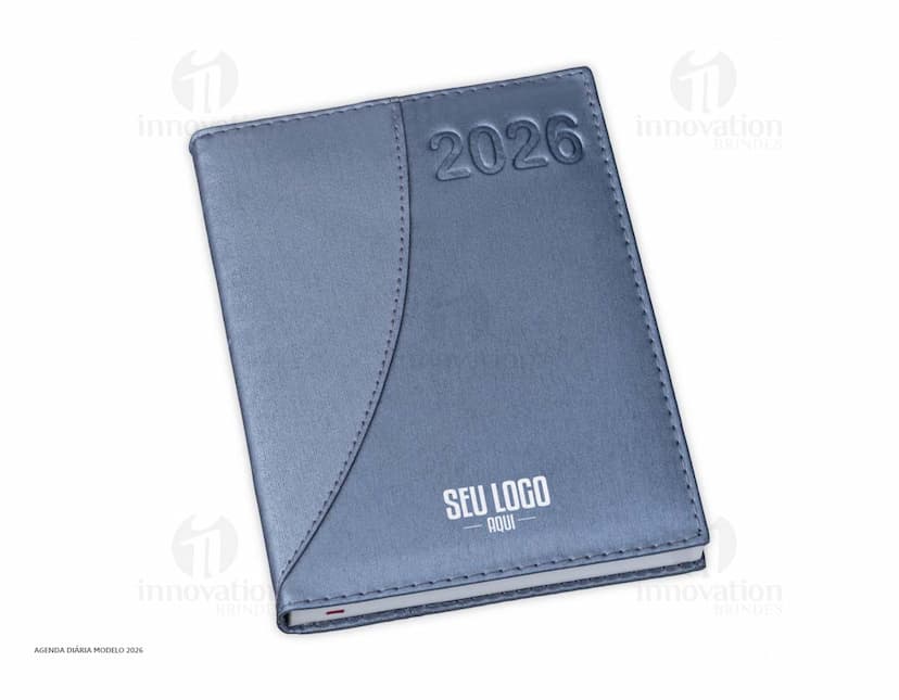 Agenda diária para o ano de 2025, capa vermelha com design minimalista e páginas em branco para anotações.