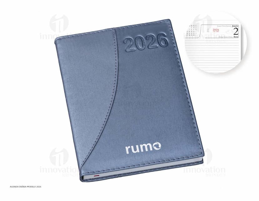 Agenda diária para o ano de 2025, capa vermelha com design minimalista e páginas em branco para anotações.