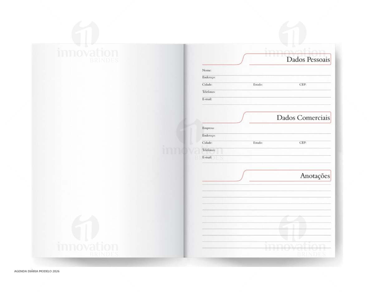 Agenda diária para o ano de 2025, capa vermelha com design minimalista e páginas em branco para anotações.