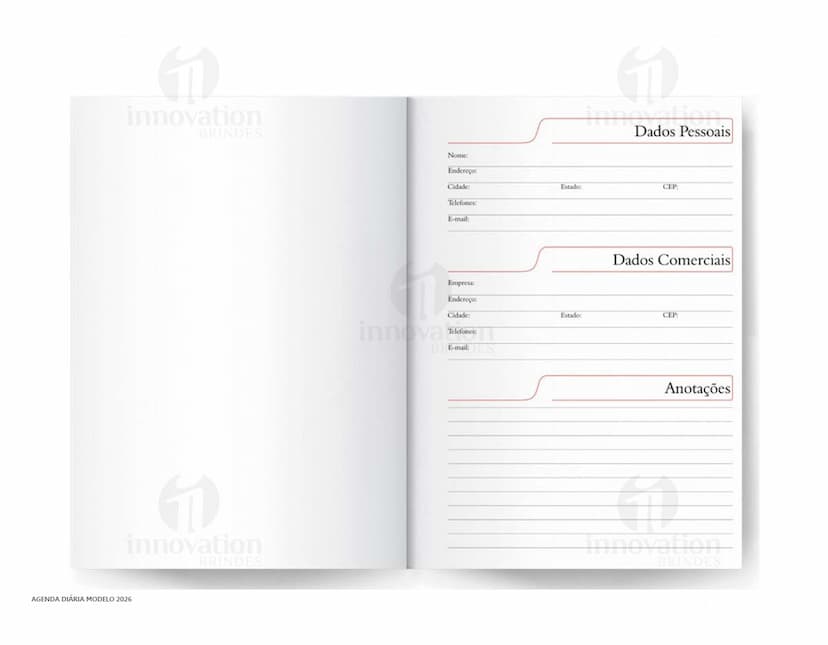Agenda diária para o ano de 2025, capa vermelha com design minimalista e páginas em branco para anotações.