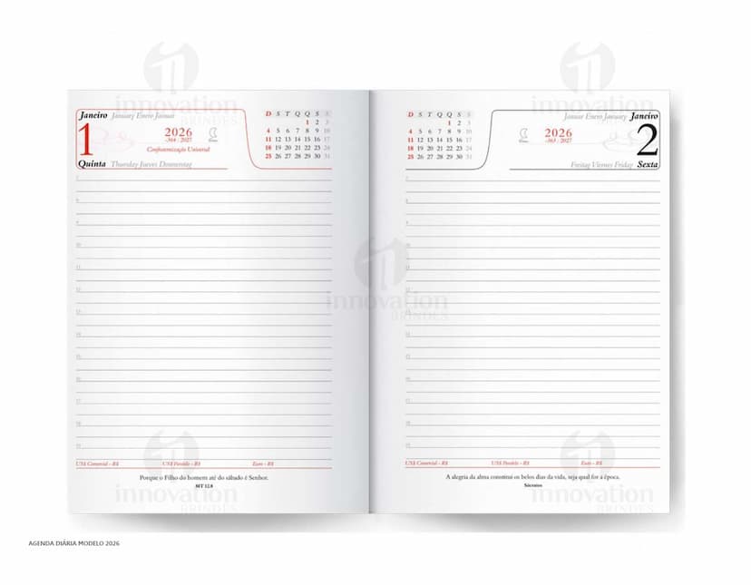 Agenda diária para o ano de 2025, capa vermelha com design minimalista e páginas em branco para anotações.
