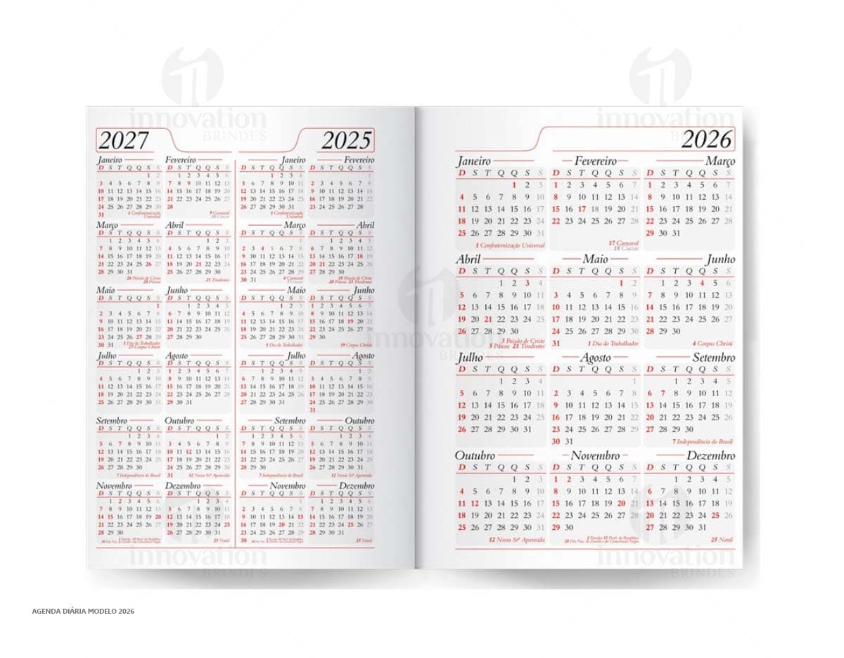 Agenda diária para o ano de 2025, capa vermelha com design minimalista e páginas em branco para anotações.