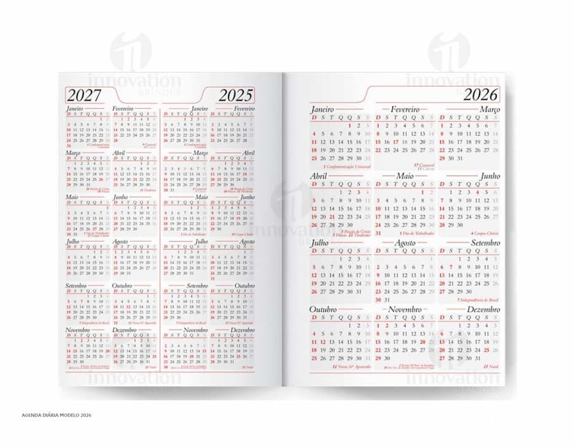 Agenda diária para o ano de 2025, capa vermelha com design minimalista e páginas em branco para anotações.