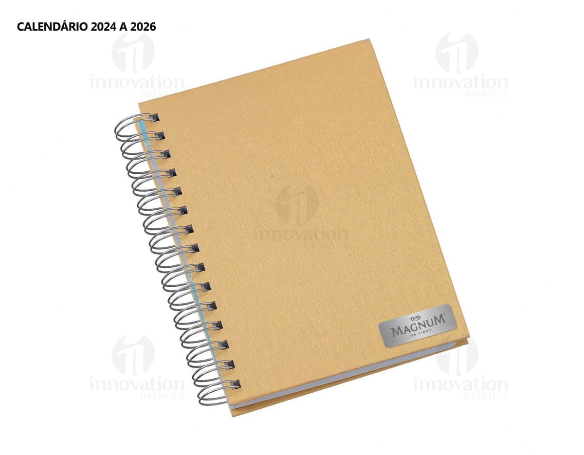 Foto de uma agenda diária para o ano de 2025, com capa marrom e uma espiral para folhear as páginas. Na imagem, é possível ver espaços em branco para escrever notas e lembretes, com um lápis e régua ao lado. A agenda está aberta em uma página em branco, pronta para ser preenchida com informações e compromissos.