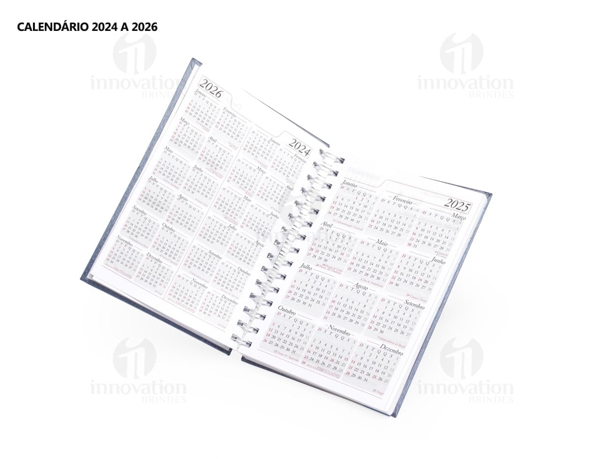 Foto de uma agenda diária para o ano de 2025, com capa marrom e uma espiral para folhear as páginas. Na imagem, é possível ver espaços em branco para escrever notas e lembretes, com um lápis e régua ao lado. A agenda está aberta em uma página em branco, pronta para ser preenchida com informações e compromissos.