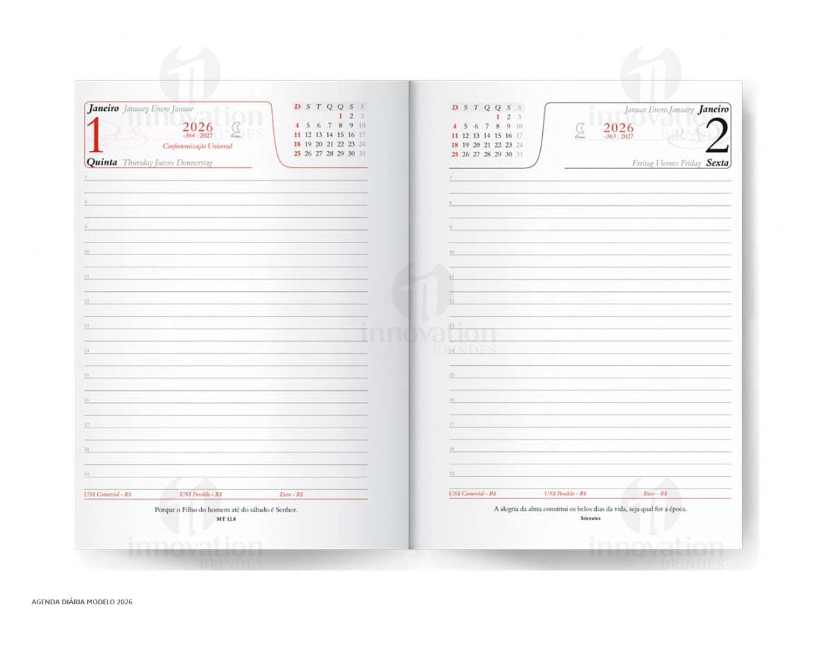 Agenda em couro preto com suporte para caneta.