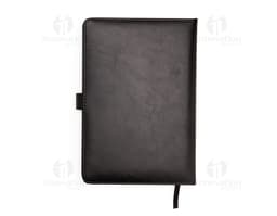 Cuaderno de cuero sintético negro, ideal para negocios. Posee papel en blanco, estuche para guardar dinero, documentos y