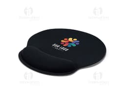 Mouse Pad Ergonómico negro en forma circular, hecho de metal, con diseño moderno. Ideal para uso profesional y juegos de