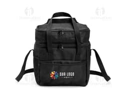 Bolsa térmica dupla de 14 litros, feita de couro marrom e nylon preto. Possui alça de ombro, fecho com zíper, bolsos para