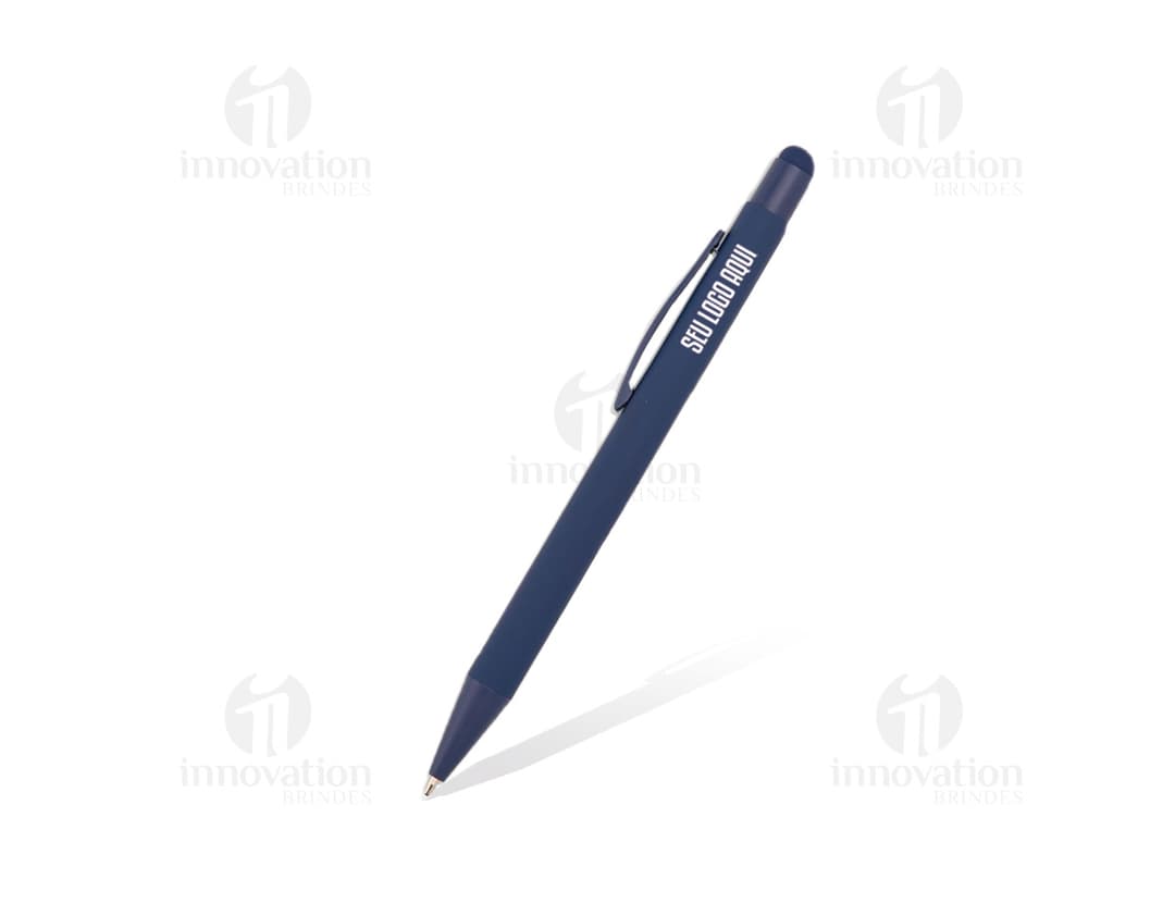 Caneta Metal Touch com design metálico, prata e preta, ideal para escrita em papel. Leve e resistente, possui ponta afiada e