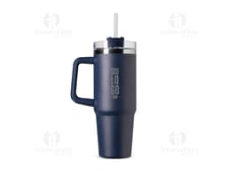Caneca Térmica 900ml preta, feita de metal com tampa e alça. Perfeita para manter bebidas quentes por mais tempo.