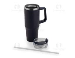 Caneca Térmica 900ml preta, feita de metal com tampa e alça. Perfeita para manter bebidas quentes por mais tempo.