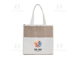 Bolsa Térmica de algodón y yuta en embalaje de cartón abierto, vacío, con cinta de regalo.
