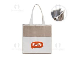 Bolsa Térmica de algodón y yuta en embalaje de cartón abierto, vacío, con cinta de regalo.