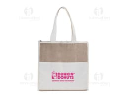 Bolsa Térmica de algodón y yuta en embalaje de cartón abierto, vacío, con cinta de regalo.