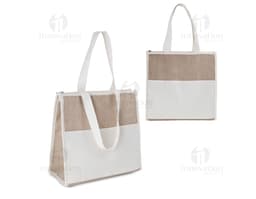 Bolsa Térmica de algodón y yuta en embalaje de cartón abierto, vacío, con cinta de regalo.