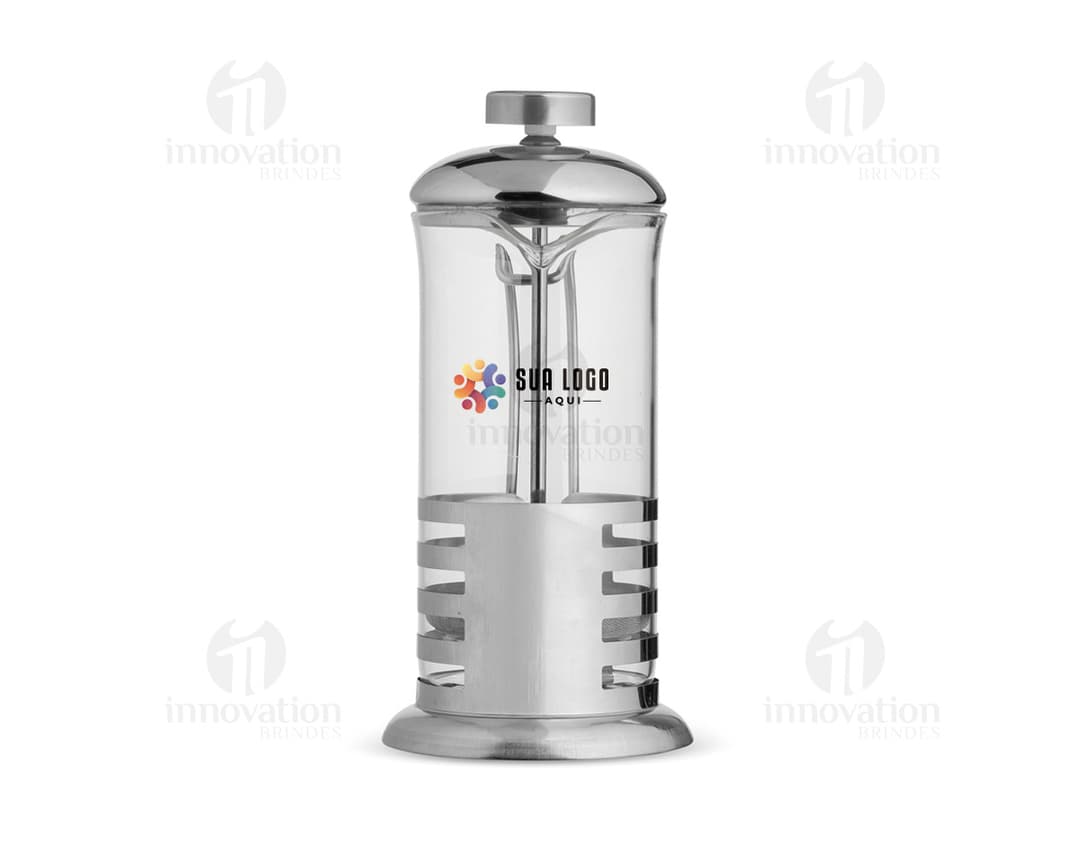 Cafeteira Prensa Francesa 350ml em vidro transparente, utilizado para preparar café. O aparelho de cozinha possui metal