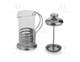Cafeteira Prensa Francesa 350ml em vidro transparente, utilizado para preparar café. O aparelho de cozinha possui metal