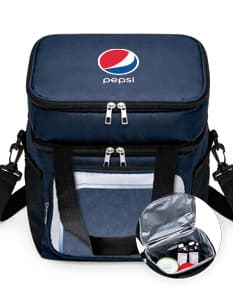 Bolsa térmica dupla preta de 12 litros, feita de couro e nylon com zíper e alça. Ideal para viagens, negócios, esportes e aventuras.