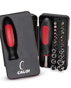 Kit Ferramentas 25 Peças: Dispositivo eletrônico preto de tecnologia avançada para comunicação e negócios. Possui display digital, botões de controle e conexão wireless. Moderno e portátil, com teclado e botões para controlar o volume e reprodução de áudio. Inclui diversas ferramentas e acessórios para suporte e manutenção de equipamentos eletrônicos.