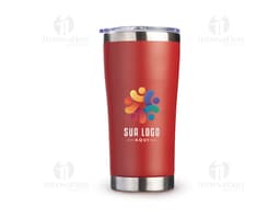 Copo térmico de 550ml em metal prateado, com tampa e parede dupla para manter a bebida quente ou fria por mais tempo. Design