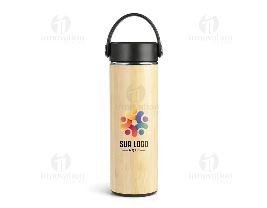 Garrafa térmica em bambu com tampa de metal, design moderno e sustentável, ideal para manter a temperatura de bebidas como