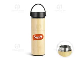 Garrafa térmica em bambu com tampa de metal, design moderno e sustentável, ideal para manter a temperatura de bebidas como