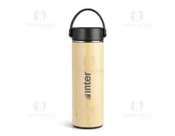 Garrafa térmica em bambu com tampa de metal, design moderno e sustentável, ideal para manter a temperatura de bebidas como