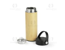 Garrafa térmica em bambu com tampa de metal, design moderno e sustentável, ideal para manter a temperatura de bebidas como