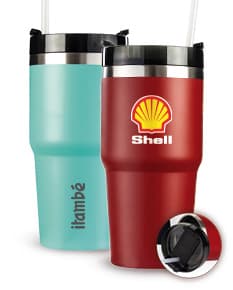 Copo térmico de 600ml em metal prateado e plástico, com tampa e design transparente.