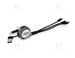 Cab USB retrátil 3 em 1 prateado, com combinação de fechadura e plugue. Feito de metal e plástico, possui cabo retrátil e