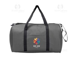 Bolsa de poliéster preta de luxo com fecho de zíper, alça de couro e detalhes em metal. Possui alça de ombro ajustável e