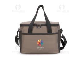 Bolsa térmica de 12 litros en cuero negro, moderna y elegante, con correa de hombro y cierre por cremallera. Ideal para