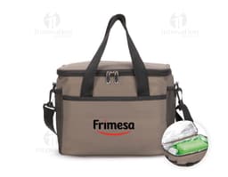 Bolsa térmica de 12 litros en cuero negro, moderna y elegante, con correa de hombro y cierre por cremallera. Ideal para
