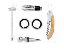 Kit de Vino 6 Piezas: un conjunto de utensilios de metal y madera, que incluye un sacacorchos, un cortador de sello, un