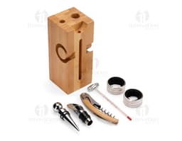 Kit de Vino 6 Piezas: un conjunto de utensilios de metal y madera, que incluye un sacacorchos, un cortador de sello, un