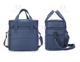 Mala térmica dupla de 16 litros em couro preto, com alça única, design moderno e fecho de metal. Ideal para transportar