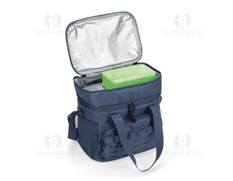 Mala térmica dupla de 16 litros em couro preto, com alça única, design moderno e fecho de metal. Ideal para transportar