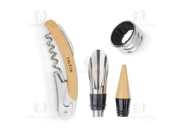 Silver metal wine set with brown leather finish. Includes bottle opener, foil cutter, and metal stopper. Ideal for wine