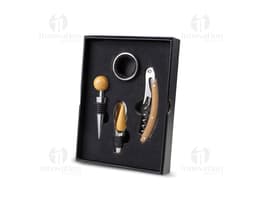 Silver metal wine set with brown leather finish. Includes bottle opener, foil cutter, and metal stopper. Ideal for wine