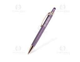 Caneta Metal Touch prateada e preta, utilizada para escrever, com design clássico e ponta afiada.