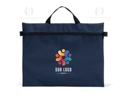 Pasta de congresso de poliéster preta com alça de couro, zíper, compartimento único e design elegante. Ideal para armazenar